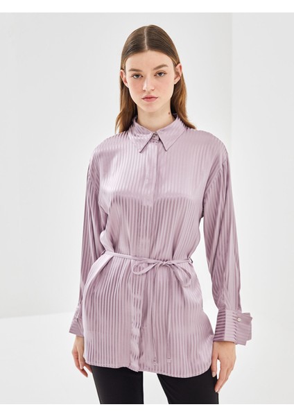 Yeni Sezon Çizgili Oversize Saten Kadın Gömlek Tunik