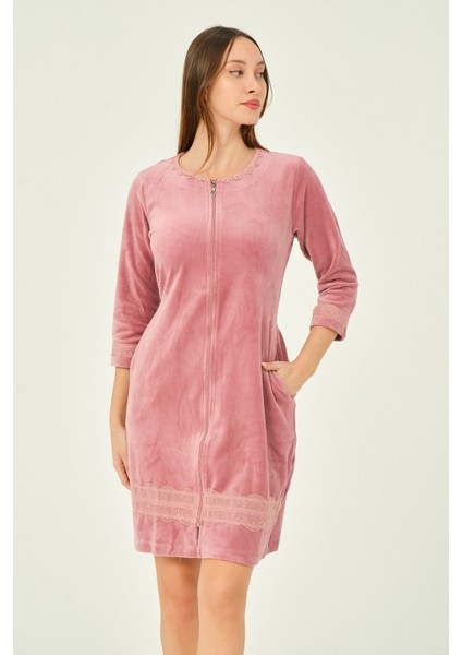 Kadın Fermuarlı Dantel Detaylı 3/4 Kol Pamuklu Kadife Elbise