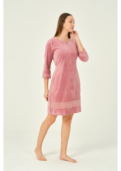 Kadın Fermuarlı Dantel Detaylı 3/4 Kol Pamuklu Kadife Elbise fiyatları