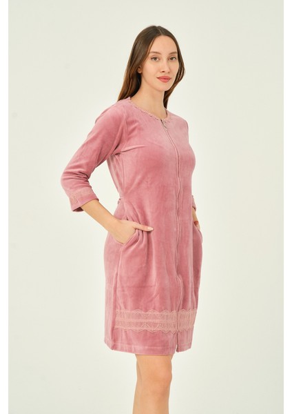 Kadın Fermuarlı Dantel Detaylı 3/4 Kol Pamuklu Kadife Elbise modelleri