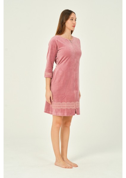 Kadın Fermuarlı Dantel Detaylı 3/4 Kol Pamuklu Kadife Elbise fırsatları