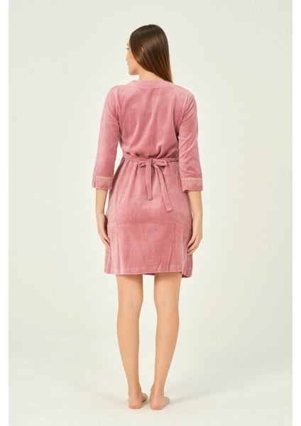 Kadın Fermuarlı Dantel Detaylı 3/4 Kol Pamuklu Kadife Elbise indirimleri