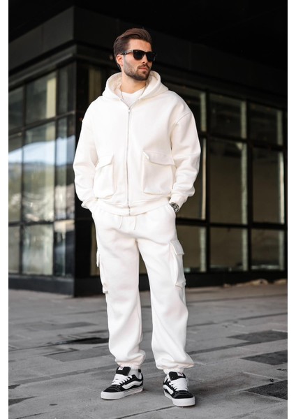 Ekru Kapüşonlu Kargo Cepli Erkek Eşofman Takımı E7342