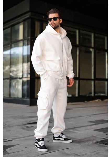 Ekru Kapüşonlu Kargo Cepli Erkek Eşofman Takımı E7342 fiyatları