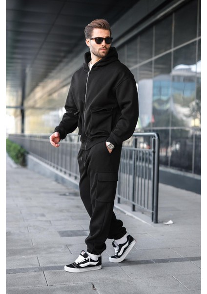 Siyah Kapüşonlu Kargo Cepli Erkek Eşofman Takımı E7342
