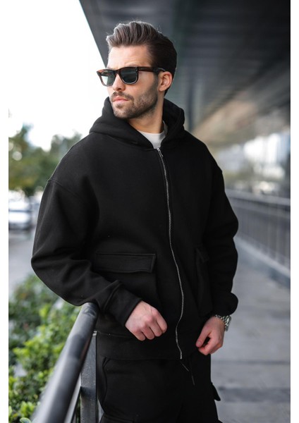 Siyah Kapüşonlu Kargo Cepli Erkek Eşofman Takımı E7342 fiyatları