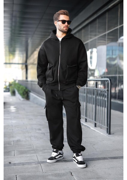 Siyah Kapüşonlu Kargo Cepli Erkek Eşofman Takımı E7342 fırsatları
