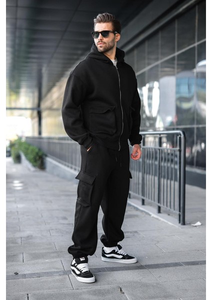 Siyah Kapüşonlu Kargo Cepli Erkek Eşofman Takımı E7342 indirimleri