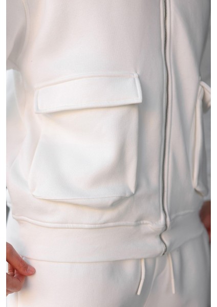 Ekru Kapüşonlu Kargo Cepli Erkek Eşofman Takımı E7342 fırsatları