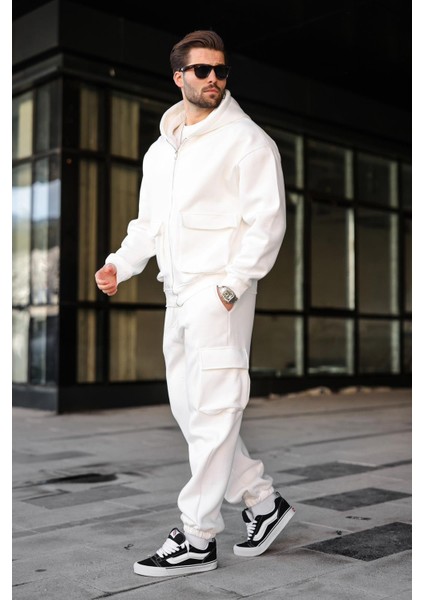 Ekru Kapüşonlu Kargo Cepli Erkek Eşofman Takımı E7342 indirimleri