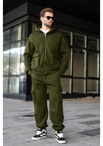 Haki Kapüşonlu Kargo Cepli Erkek Eşofman Takımı E7342
