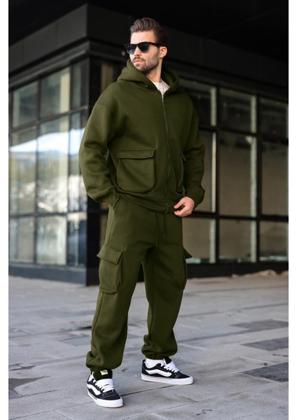 Haki Kapüşonlu Kargo Cepli Erkek Eşofman Takımı E7342 fiyatları