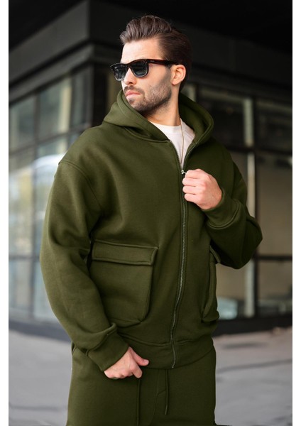 Haki Kapüşonlu Kargo Cepli Erkek Eşofman Takımı E7342 modelleri