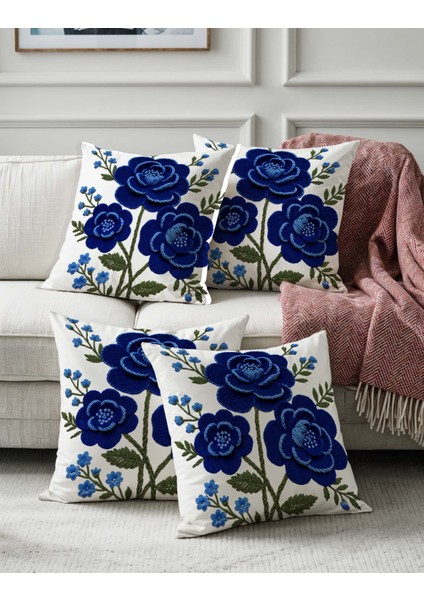Lacivert Çiçek Desenli 3D Punch Görünümlü Dijital Baskılı 4'lü Dekoratif Kırlent Kılıfı