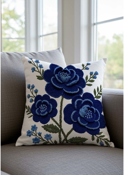 Lacivert Çiçek Desenli 3D Punch Görünümlü Dijital Baskılı 4'lü Dekoratif Kırlent Kılıfı fiyatları