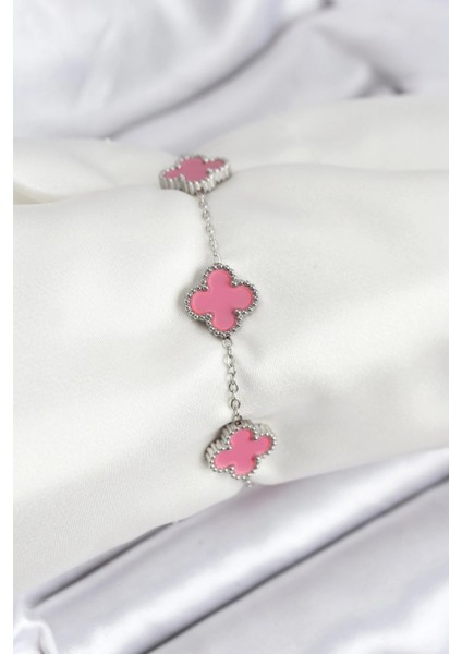 316L Çelik Gümüş Zincir Pembe Renk Yonca Bileklik