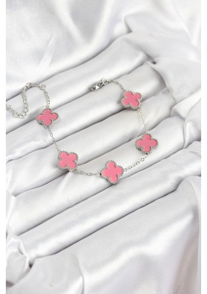 316L Çelik Gümüş Zincir Pembe Renk Yonca Bileklik fiyatları