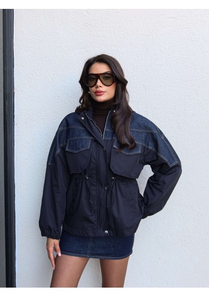 Denim Garnili Bel Büzgülü Mont