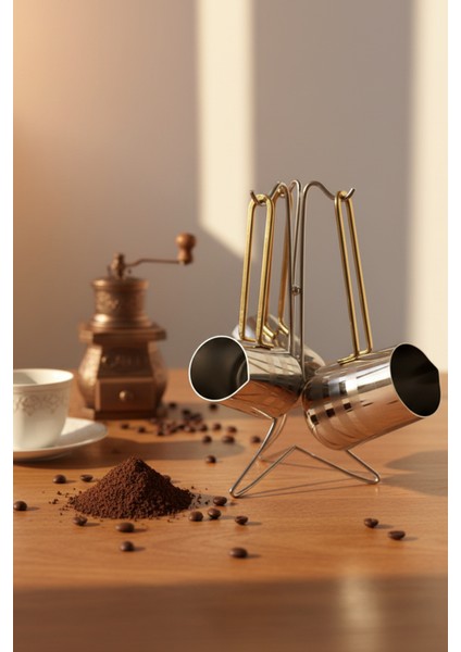 Paslanmaz Çelik Gold Kulp Detaylı Desenli Cezve Takımı Standlı