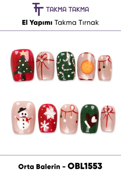 10'lu Renkli Orta Balerin OBL1553 Tekrar Kullanılabilir El Yapımı Protez Takma Tırnak - Renkli-M