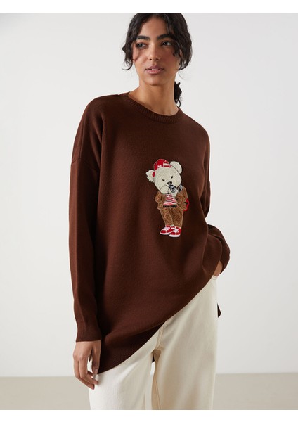 Yeni Sezon Ayı Teddy Nakışlı Oversize Kadın Triko Tunik