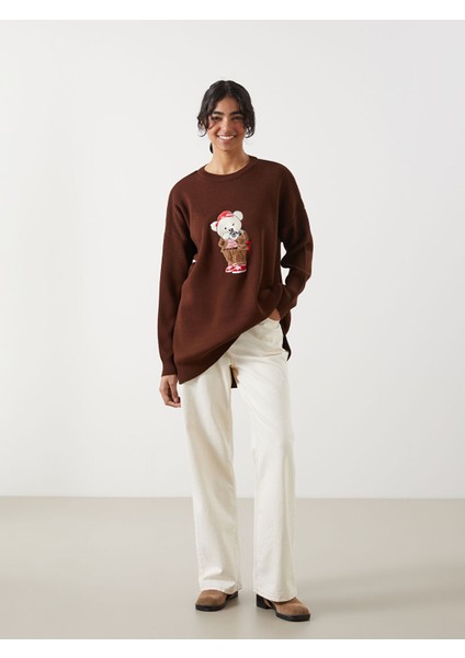 Yeni Sezon Ayı Teddy Nakışlı Oversize Kadın Triko Tunik fiyatları