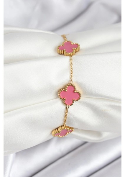 316L Çelik Gold Zincir Pembe Yonca Renk Bileklik