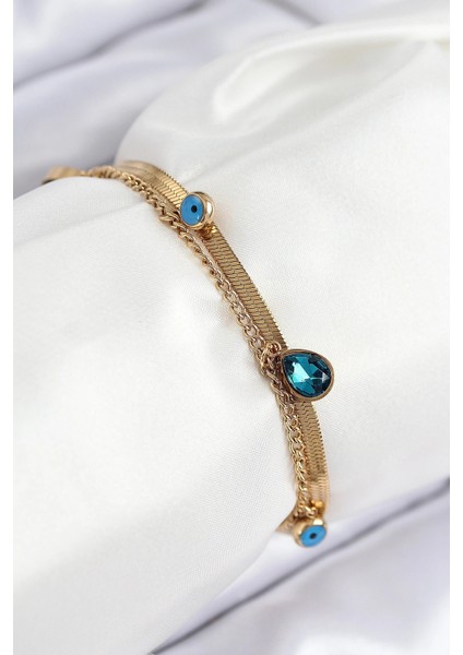 316L Çelik Nazar Boncuk Detaylı Mavi Zirkon Taşlı Model Italyan Zincir Gold Renk Kadın Bileklik