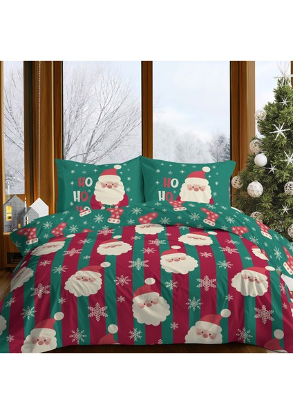 Santa Glow Noel Baba Desenli Yeni Yıl Nevresim Takımı - Çift Kişilik (Pamuk-Polyester, Gizli Fermuar)