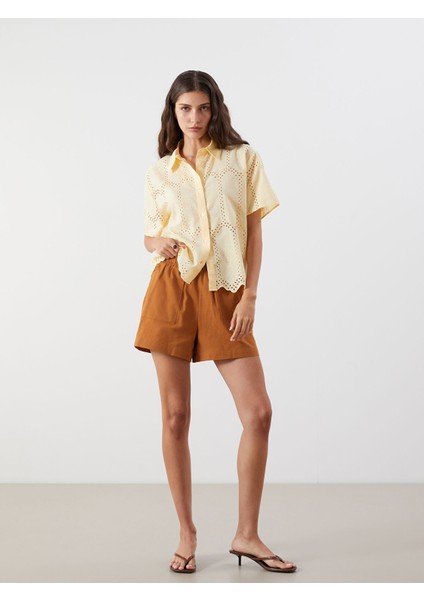 Yeni Sezon Beli Lastikli Keten Karışımlı Kadın Şort