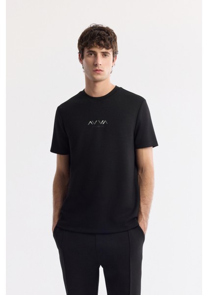 Erkek Siyah Bisiklet Yaka Baskılı Bi-Stretch İnterlok Regular Fit T-Shirt A51Y1006