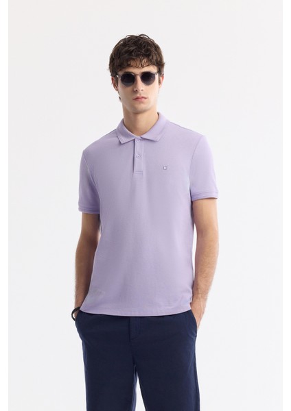 Erkek Lila Kıvrılmaz Polo Yaka %100 Pamuk Basic Regular Fit T-Shirt B001032