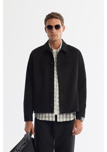 Erkek Siyah Klasik Yaka Süet Dokulu Mevsimlik Comfort Fit Mont A42Y6076