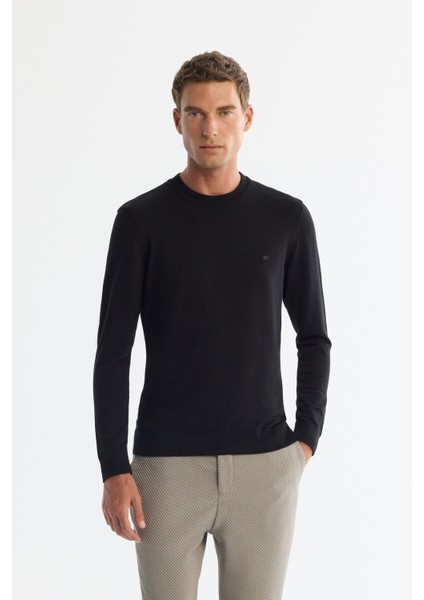 Erkek Siyah Bisiklet Yaka Viskon Viskon Karışımlı Basic Triko Regular Fit Kazak B005021