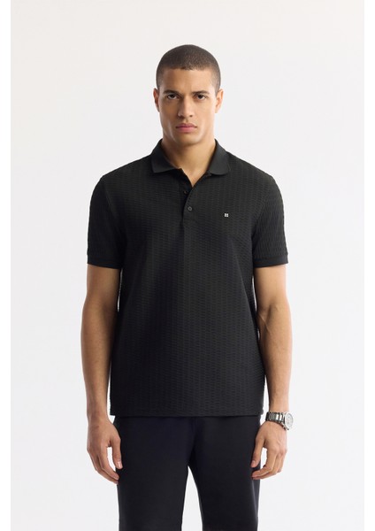 Erkek Siyah Polo Yaka Jakarlı Elastan Regular Fit T-Shirt A51Y1121