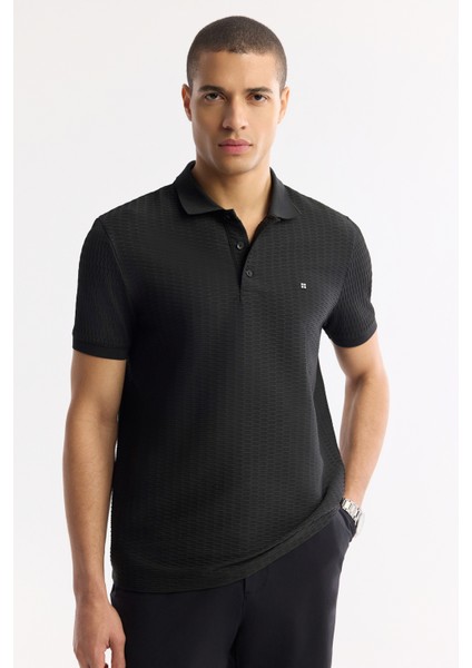 Erkek Siyah Polo Yaka Jakarlı Elastan Regular Fit T-Shirt A51Y1121