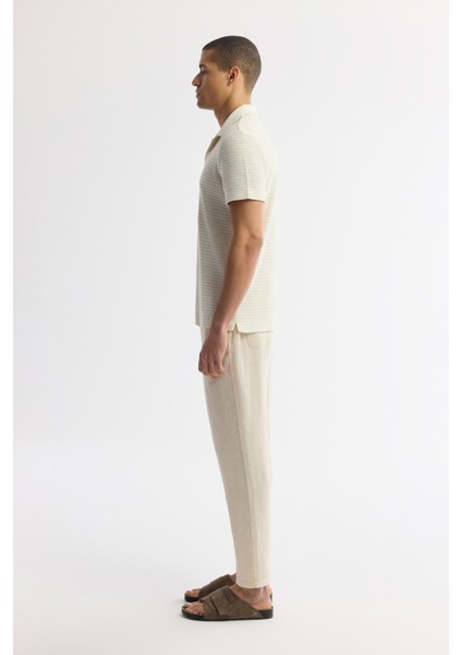 Erkek Ekru Apaj Yaka Çizgili Pamuklu Jakarlı Regular Fit T-Shirt A51Y1152 modelleri