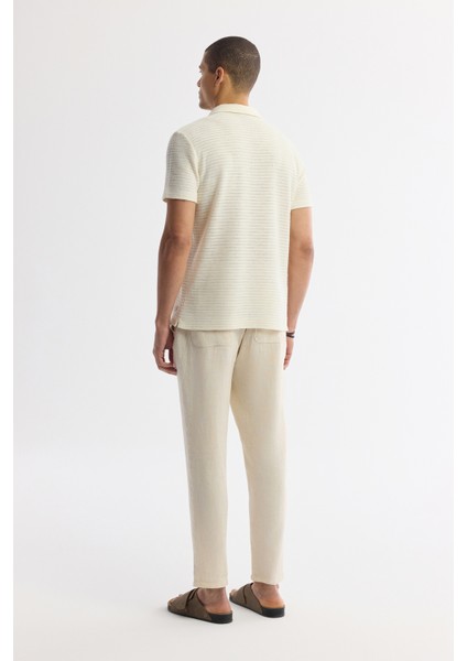 Erkek Ekru Apaj Yaka Çizgili Pamuklu Jakarlı Regular Fit T-Shirt A51Y1152 fırsatları