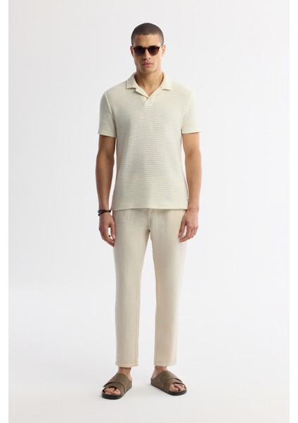 Erkek Ekru Apaj Yaka Çizgili Pamuklu Jakarlı Regular Fit T-Shirt A51Y1152