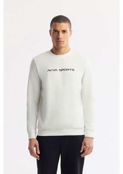 Erkek Ekru Bisiklet Yaka Baskılı Bi-Stretch İnterlok Regular Fit Sweatshirt A51Y1208