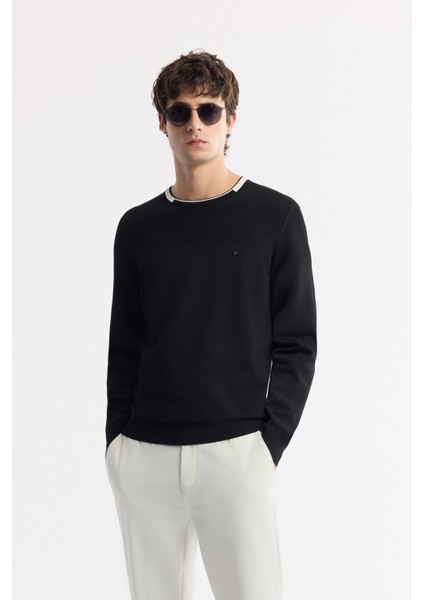 Erkek Siyah Bisiklet Yaka Dokulu Rayon Triko Regular Fit Kazak A51Y5156