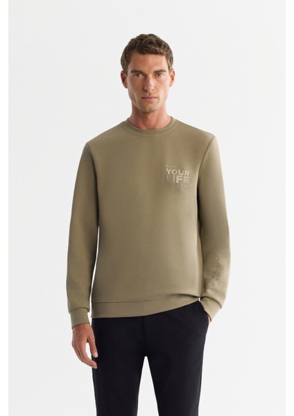 Erkek Vizon Bisiklet Yaka Pamuklu Baskılı Elastan Regular Fit Sweatshirt A42Y1206