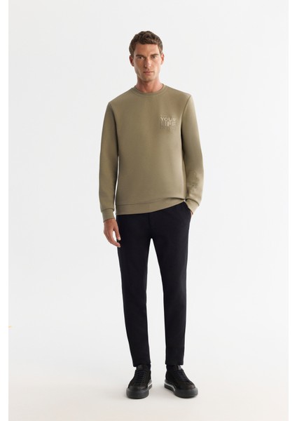 Erkek Vizon Bisiklet Yaka Pamuklu Baskılı Elastan Regular Fit Sweatshirt A42Y1206