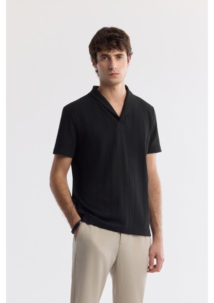 Erkek Siyah Şal Yaka Viskon Karışımlı Jakarlı Regular Fit T-Shirt A51Y1071