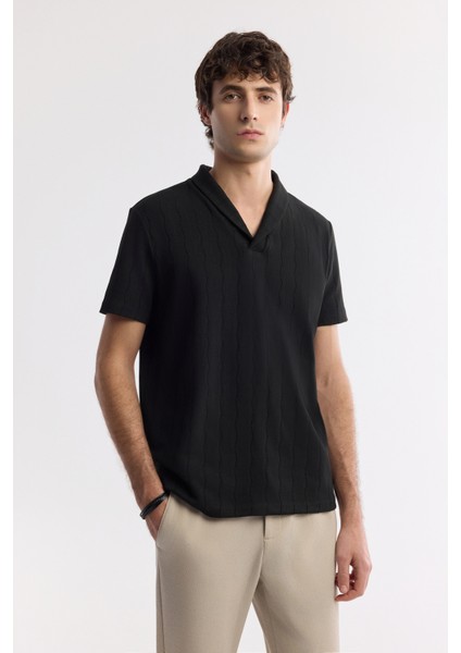 Erkek Siyah Şal Yaka Viskon Karışımlı Jakarlı Regular Fit T-Shirt A51Y1071 fiyatları