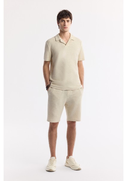 Erkek Bej Beli Lastikli Bağcıklı Keten Karışımlı Örme Regular Fit Şort A51Y3601