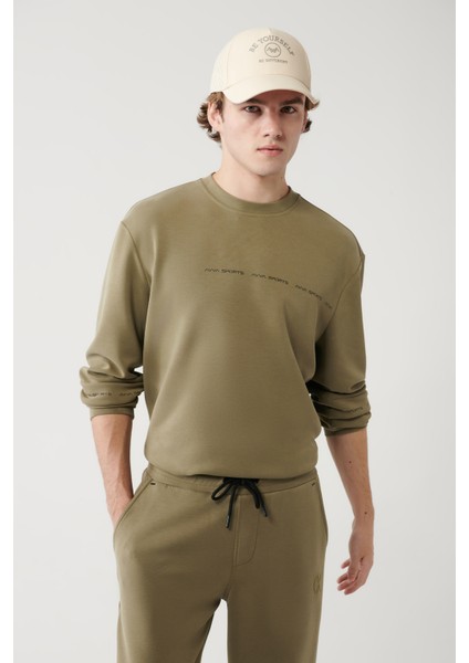 Erkek Haki Bisiklet Yaka Baskılı Soft Touch Regular Fit Sweatshirt A41y1222