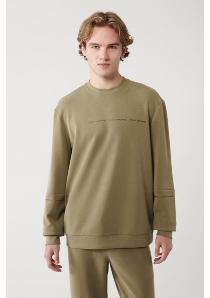 Erkek Haki Bisiklet Yaka Baskılı Soft Touch Regular Fit Sweatshirt A41y1222 modelleri