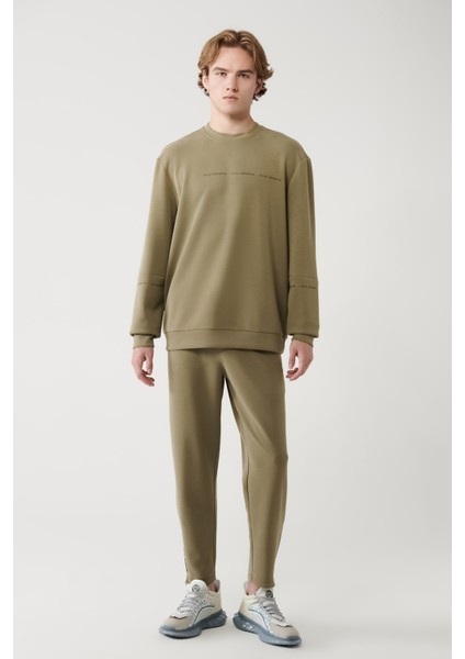 Erkek Haki Bisiklet Yaka Baskılı Soft Touch Regular Fit Sweatshirt A41y1222