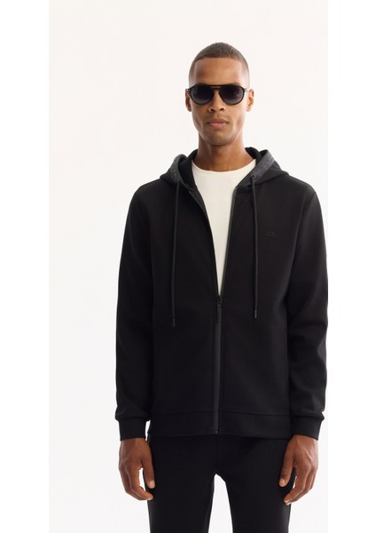 Erkek Siyah Kapüşonlu Yaka Fermuarlı Pamuklu Bi-Stretch Regular Fit Sweatshirt A52Y1270
